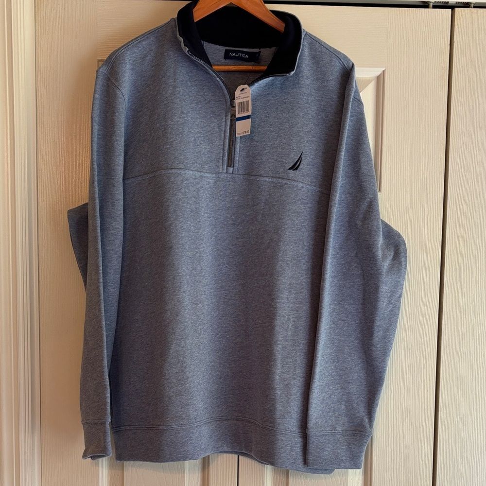 Nautica Men’s XL Heather Blue Quarter-Zip Pullover with Navy Trim